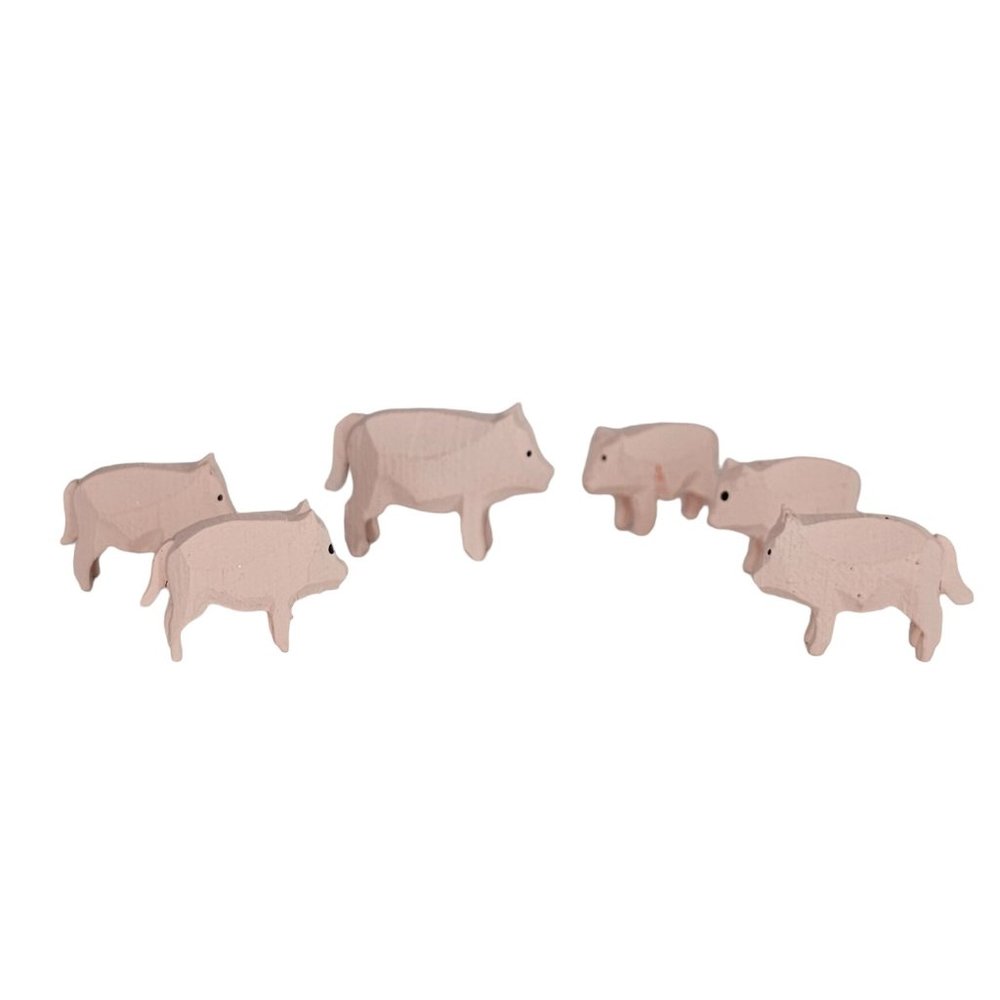 Vintage Erzgebirge Wood Carved Pig Family Miniature Figurine Set